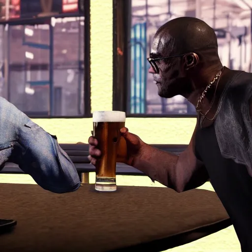 Prompt: Trevor Phillips GTA Wiki drinking a beer in a pub with Black Panther in GTA 5, photorealistic, light rays, masterpiece