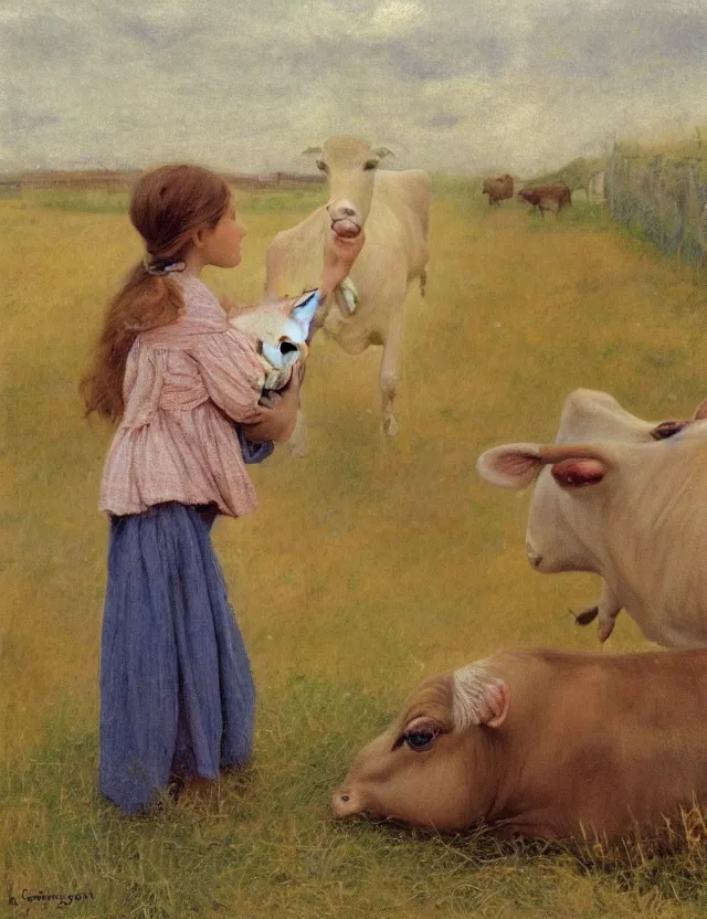 Image similar to portrait of peasant girl petting a cow on a farm, cottage core, polaroid photo bleached vintage pastel colors high - key lighting, soft lights, foggy, by steve hanks, by lisa yuskavage, by serov valentin, by tarkovsky, 8 k render, detailed, oil on canvas