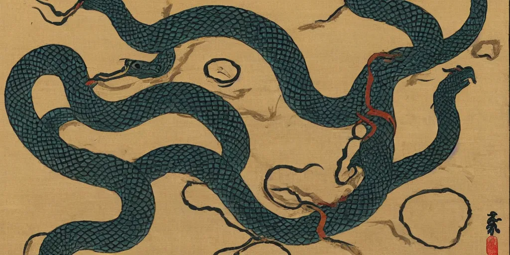 Image similar to japanese woodblock style painting of a snake dragon