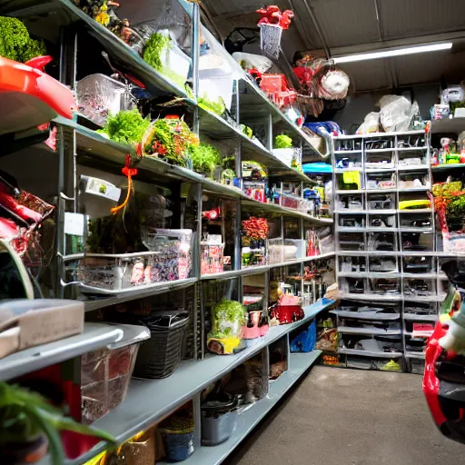 Image similar to garage with carnivorous plants on the shelves and packing peanuts on the floor, scene from tv show hyper detailed 5 5 mm 8 5 mm, low - light photography by tyler mitchell, made out of plastic