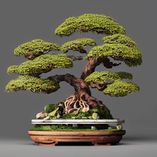 Prompt: stunningly beautiful sculpture of heavenly bonsai house made of marble and intricate wood carving by ellen jewett, deep colour, fireflies everywhere, octane render 4 k