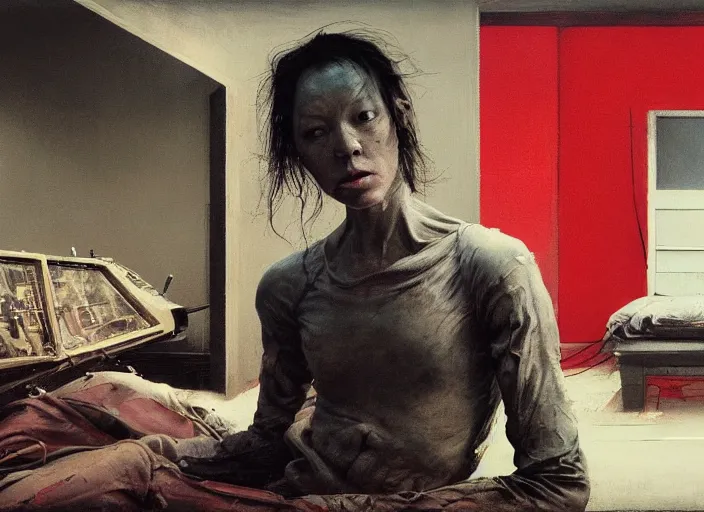 Prompt: a still from the film alien, hyperrealism painting by borremans, artist painting m. w. kaluta, ruan jia, zhang kechun, red green carpet and curtains, detailed, stunning, edward hopper, zdzislaw beksinski, by greg rutkowski, painted black, tristan eaton, victo ngai, vibrant red and purple background,