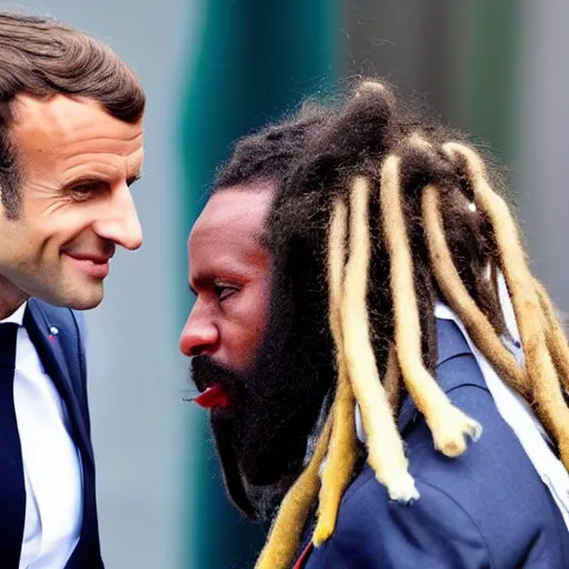 Prompt: Emmanuel Macron with dreadlocks wig at G20, long dreadlocks, lots of dreadlocks on the head, Rasta dreadlocks Macron