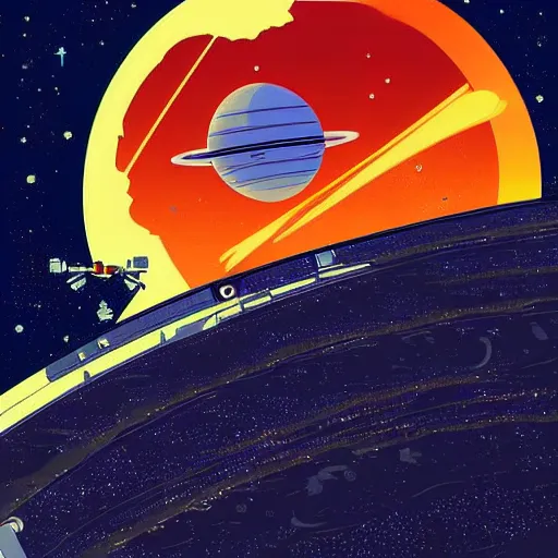 Image similar to a space station settlement in orbit around a barren planet. retro science fiction illustration. french sci fi comic. detailed digital art. star scape in the background. upscaled.