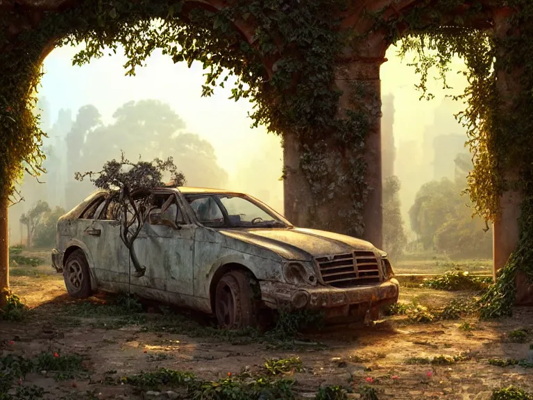 Image similar to a tree growing on a scrap car in ancient greek ruins, gray wasteland, many overgrown scrap cars, pillars and arches, colorful flowers, vines, cinematic, ray of golden sunlight, alphonse mucha, greg rutkowski, trending on artstation, artgerm, breathtaking, smooth, mark arian, award winning