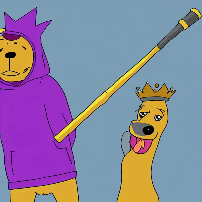 Image similar to a digital drawing of an anthropomorphic dog wearing a purple hoodie and a crown, smashing a golden trophy with a baseball bat. in the style of bojack horseman. lisa hanawalt