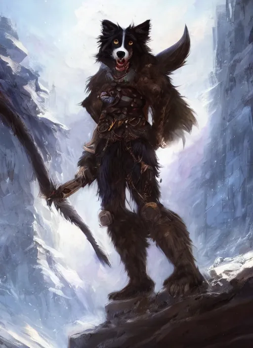 Image similar to wide angle beautiful full body portrait of a cute male anthropomorphic anthro border collie fursona wearing a barbarian outfit in downtown seattle, character design by charlie bowater, henry asencio, and ross tran, disney, scenic background, detailed, glamor pose, aesthetic, trending on artstation, furaffinity, deviantart