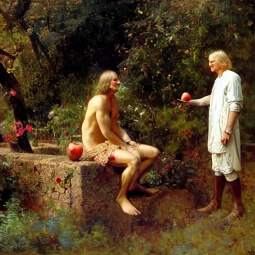 Prompt: isaac newton offering a half eaten apple to steve jobs in the garden of eden, artwork by gaston bussiere, craig mullins, trending on artstation