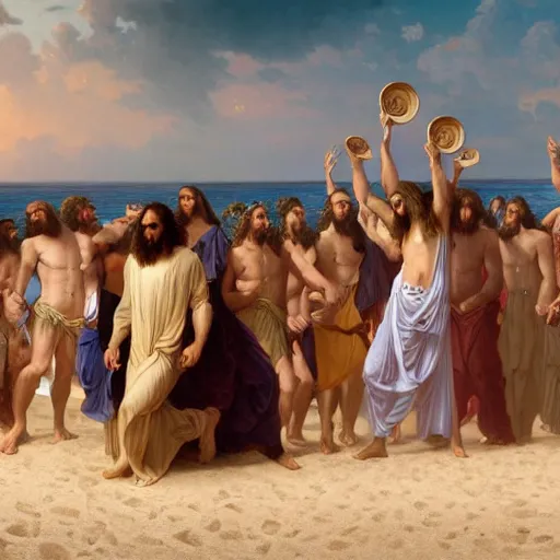 Image similar to an extremely detailed matte painting of a ridiculously good looking jesus that looks like a jewish gigachad with his 1 2 apostle entourage droing keg stands, long curly hair, elegant ancient greek dress, very detailed, windy beach, beautiful, intricate, cinematic, artstation, william bouguereau, alphonse mucha, greg rutkowski, rossdraws, octane render