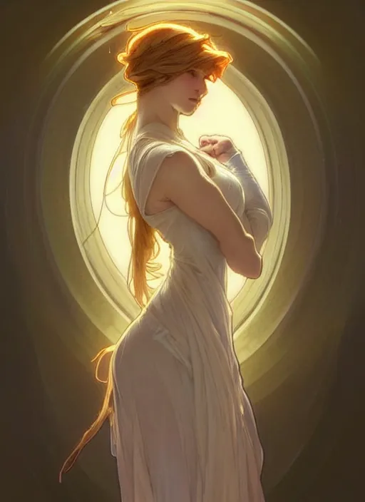 Image similar to digital character concept art by artgerm and greg rutkowski and alphonse mucha. clear portrait of a modern young wife blessed by god to uncontrollably become overwhelmingly perfect!! blonde, full - figure in clothes, obviously feminine holy body!! light effect. hyper detailed, glowing lights!! intricate, elegant, digital painting, artstation, smooth, sharp focus