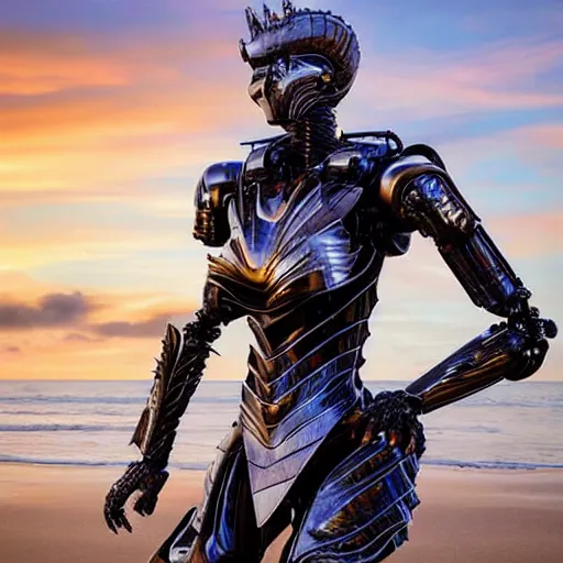 Image similar to chest up shot, realistic detailed stunning beautiful armored humanoid robot anthropomorphic female dragon, looking to the side with an elegant pose of hand on hip, smooth and streamlined armor and design made of steel, sharp claws and sharp teeth, high quality head, Slick LEDs, on the beach during sunset, high quality, cinematic art, sci fi, sunset lighting, 3D render, 8k, artstation, deviantart, furaffinity