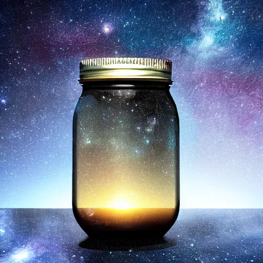 Image similar to the universe in a mason jar, 8 k, hyper realistic, high quality,
