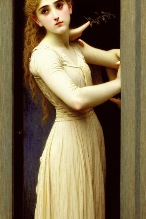 Image similar to girl under moonlight by auguste toulmouche and bouguereau, dark lighting, perfectly detailed eyes, beautiful hands, pale skin, blonde hair, leaning on door, dreamy mood to the painting