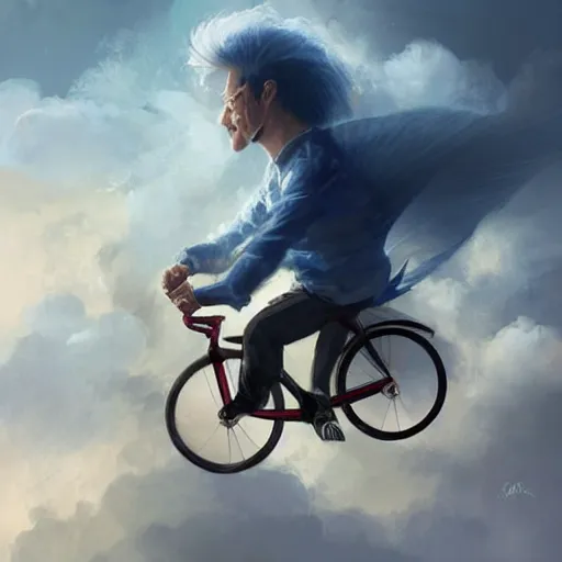 Prompt: A striking painting of a happy man flying in the sky on his bicycle in the clouds, digital art by Ross Tran