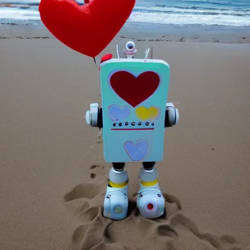 Image similar to a very cute happy robot with lots of hearts floating in the air on the beach in a sunny seaport