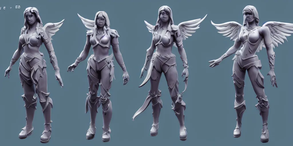 Prompt: full-body character sheet of angel and heaven for the video game ‘fortnite’ by Epic Games, 3d render, octane render, 4K, volumetric, trending on art station