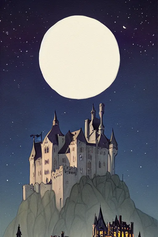 Prompt: a poster style painting of at night, a gothic castle on a cliff with a starry moon 🌙 in the background ， by abigail larson, 8 k, hd, artstation