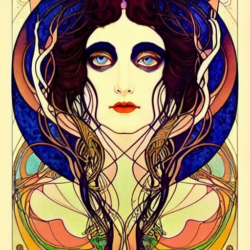 Prompt: The Goddess of Life and Creation, beautiful eyes, symmetrical face, paint, ink, palettes, spectrum, in the style of Joshua Middleton, Mucha, Kandinsky