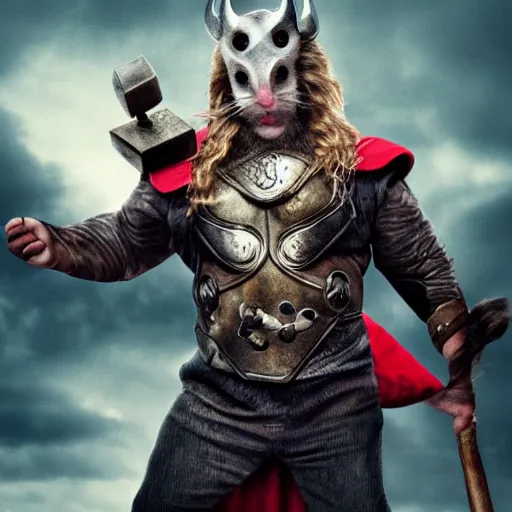 Image similar to the rat thor ~ holding his hammer ~ dramatic thunder background ~ fighting scene ~