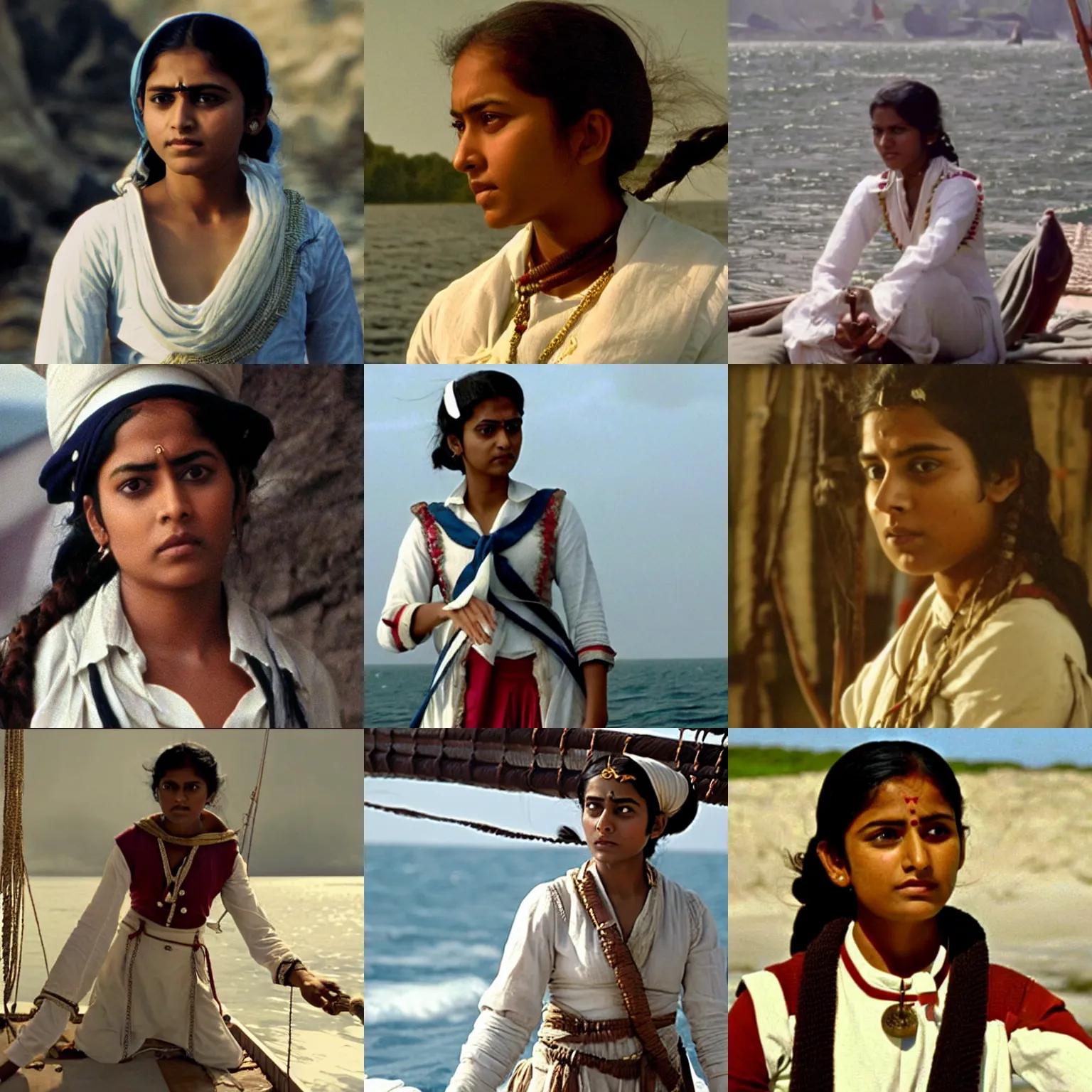 Prompt: Young Indian woman sailor captain, film still from the movie \'Master and Commander\'
