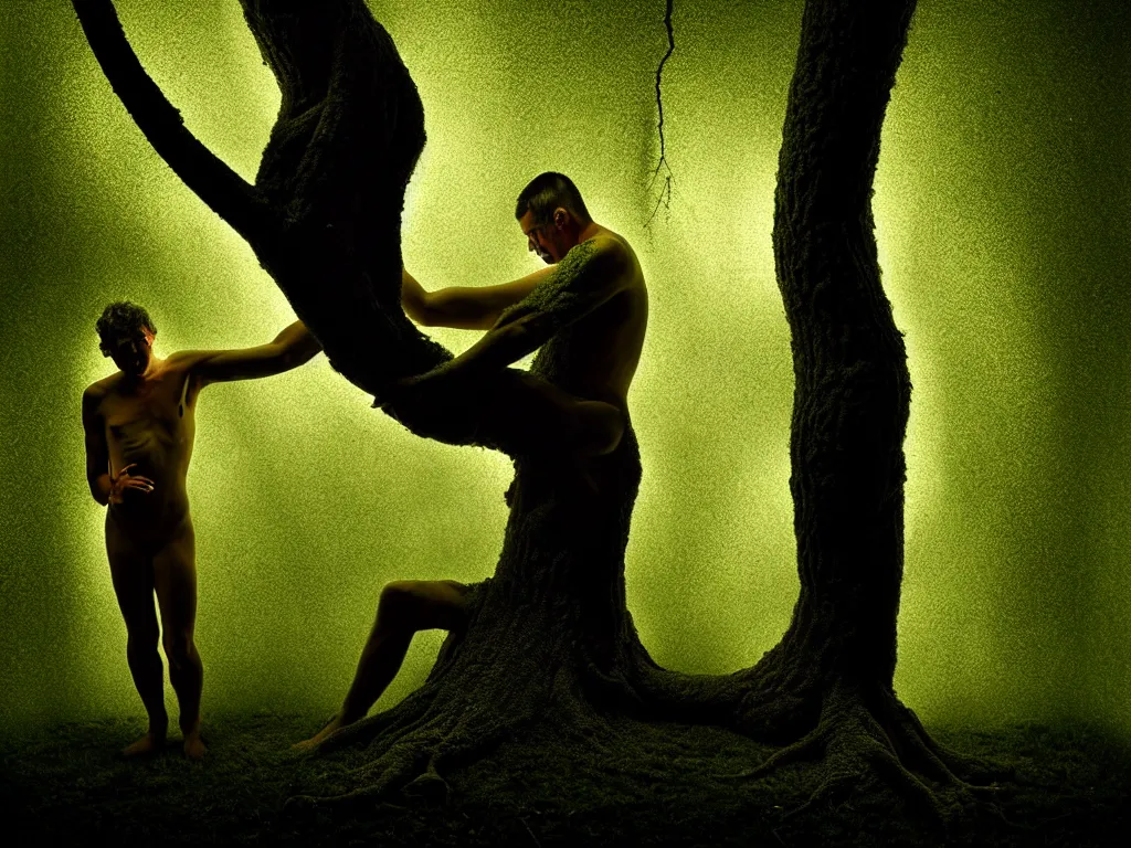 Prompt: award - winning color photo of a man transforming into a tree, chiaroscuro, awe, terror, beauty