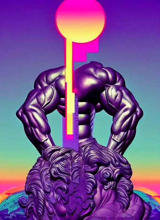 Image similar to statue of hercules, beeple, android jones, ( ( ( ( ( dan mumford ) ) ) ) ), vaporwave, retrowave, black background, neon wiring, black, glitch, strong contrast, cuts, pinterest, trending on artstation