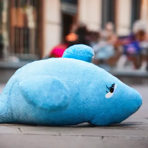 Image similar to blue'snappy gifts'plush doll, on sidewalk, giving gifts to people, happy atmosphere, high detail, soft lighting, 8 k