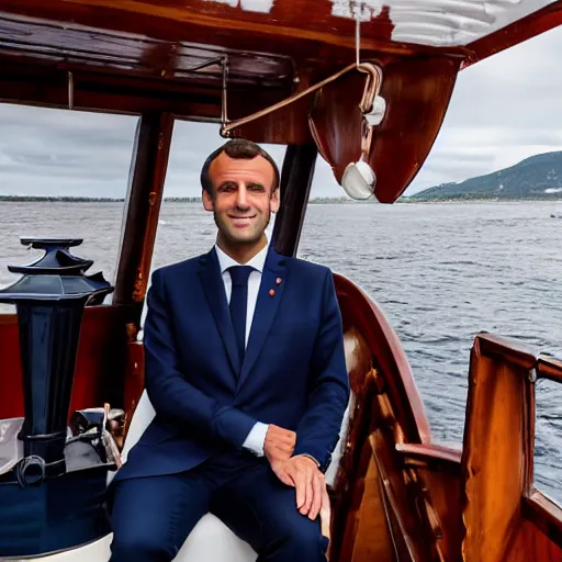 Prompt: Emmanuel Macron on a steamboat, dressed like 1912 ship captain, 50mm photography, high quality, 4K