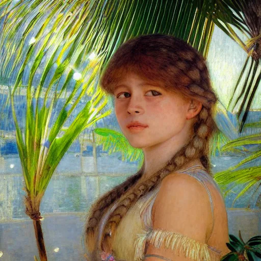 Prompt: a ultradetailed beautiful painting of a girl in the amazonas palace designed by jules bastien - lepage, hans belmer, frank weston and gustave baumann, beach, trending on artstation, mediterranean, palm trees, refracted color sparkles, sharp focus, soft light, 8 k 4 k