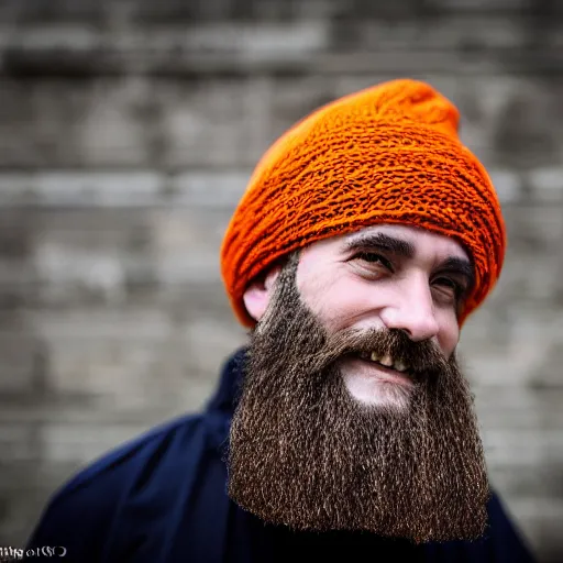 Prompt: A bearded wizard with an orange beanie, (EOS 5DS R, ISO100, f/8, 1/125, 84mm, postprocessed, crisp face, facial features)