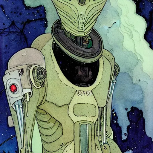 Prompt: a simple and atmospheric watercolour portrait of a pulp sci - fi alien cyborg, very muted colors, by rebecca guay, michael kaluta, charles vess and jean moebius giraud