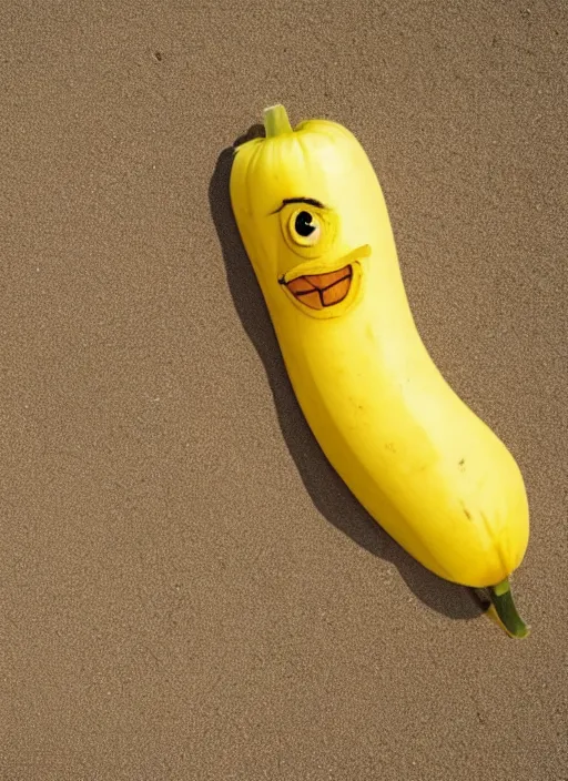 Image similar to jeff goldblum banana on the sand of a beach