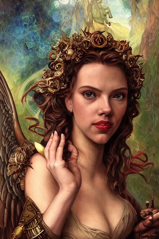 Image similar to A fantasy comic book style portrait painting of a hybrid Scarlett Johansson, Anya Taylor-Joy, as a Mystical Valkyrie, a beautiful female Reptilian Warrior, Regal, Realistic, Refined, Detailed Digital Art, Josephine wall, Oil Painting, William-Adolphe Bouguereau, Art Frahm, Esao Andrews, Steampunk, Walt Disney (1937), Highly Detailed, Cinematic Lighting, Unreal Engine, 8k, HD