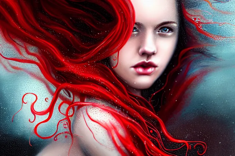 Image similar to highly detailed portrait of a beautiful girl running in rain with wet red hair and pale face, swirling smokey tendrils, bright scattered particles, fantasy, intricate, elegant, dramatic lighting, emotionally evoking symbolic metaphor, highly detailed, lifelike, photorealistic, digital painting, artstation, concept art, smooth, sharp focus, illustration, art by John Collier and Albert Aublet and Krenz Cushart and Artem Demura and Alphonse Mucha