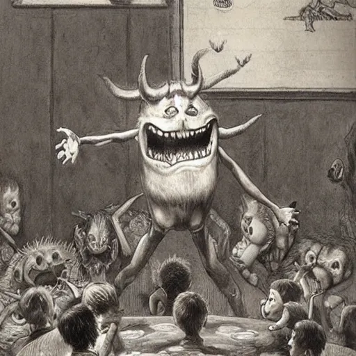 Prompt: a hyperrealistic painting of a demon performing at a childrens birthday party, by john kenn mortensen, highly detailed,