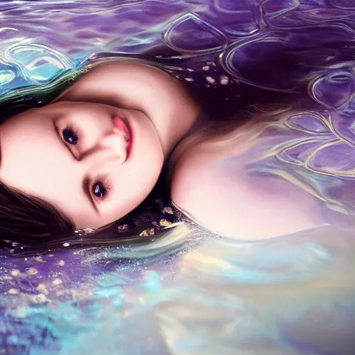 Image similar to portrait of a beautiful girl + anya taylor - joy floating under the deep dream water, beautiful smooth soft light + white petal, by personal photography, art by brookskim, closeup, 4 k, highly detailed, instagram,