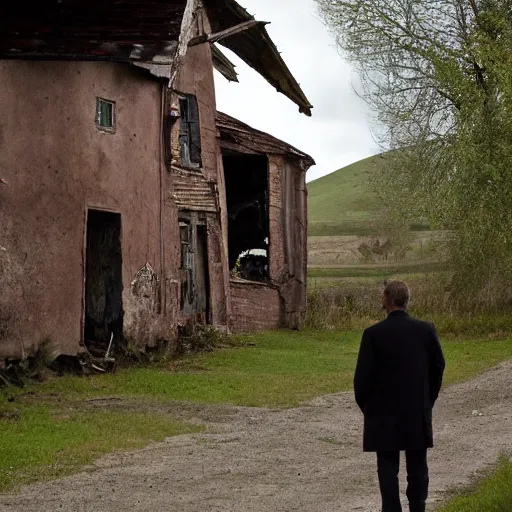 Prompt: a decaying georgian farmhouse. two men in frock coats stand outside of the farmous. folk horror