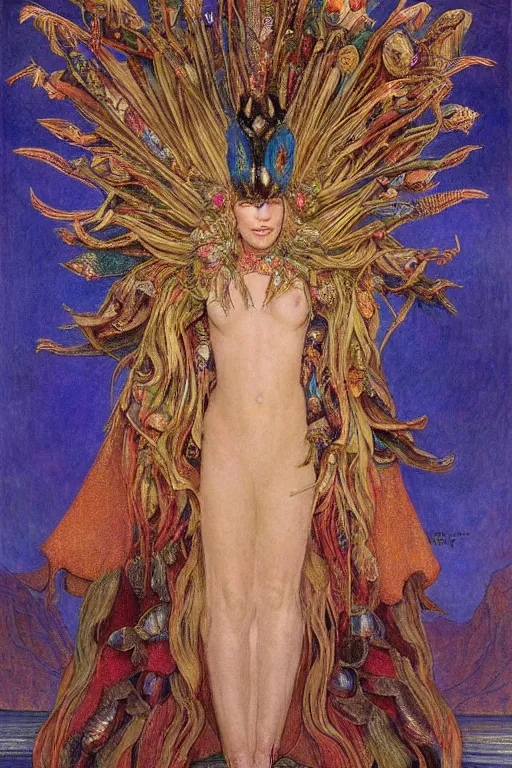 Image similar to cate blanchett , by jean delville and Gaston Bussière and Tino Rodriguez and Diego Rivera , elaborate headdress and embroidered velvet, iridescent beetles, rich color, dramatic cinematic lighting, extremely detailed