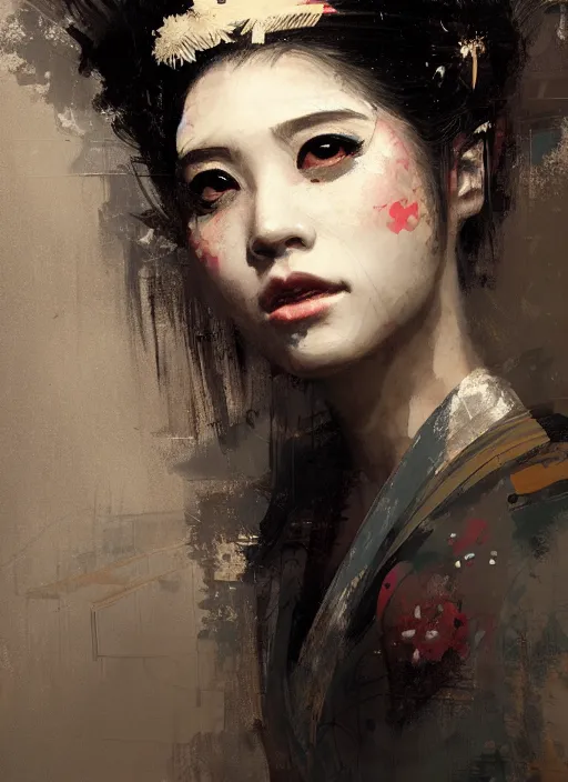 Image similar to female geisha girl, beautiful face, rule of thirds, intricate outfit, spotlight by greg rutkowski, by jeremy mann, digital painting