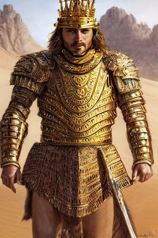 Image similar to Portrait of the King of the Desert, Warrior Man, standing in Sand, detailed scene, Gold Armour and Crown, Sword, handsome attractive face, beautiful face, photo realistic, highly detailed, dramatic lighting, majestic, trending on artstation, elegant, intricate, highly detailed, digital painting, concept art, by artgerm