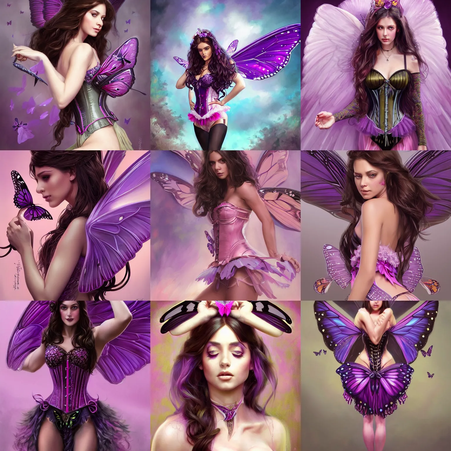 Prompt: brunette woman with long hair, butterfly wings, wearing a purple corset and pink tutu, centered, fantasy, highly detailed, digital painting, trending on artstation, concept art, sharp focus, illustration, splash art by artgerm and greg rutkowski and magali villeneuve