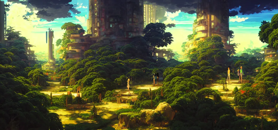 Image similar to baroque oil painting of anime key visual environment concept art of a garden of eden in a cyberpunk world, brutalist, dark fantasy, rule of thirds, digital cel shading, fake hidden detail, trending on pixiv fanbox, acrylic palette knife and brush, style of makoto shinkai studio ghibli jamie wyeth james gilleard greg rutkowski