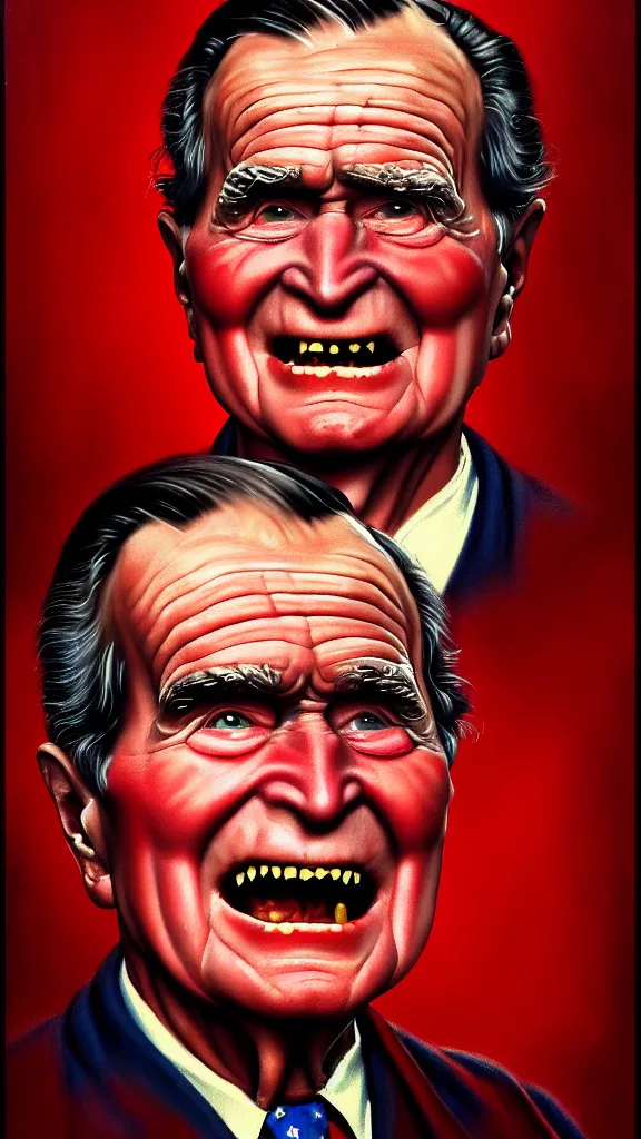 Image similar to demonic george hw bush with red horns, painting in the style of norman rockwell, 1 9 5 0 s, evil, satan, devil, demonic, demon, hyperrealistic, photorealistic, award - winning, 4 k, ultra hd, artstation, intricate, highly detailed, american, usa, dark, gritty