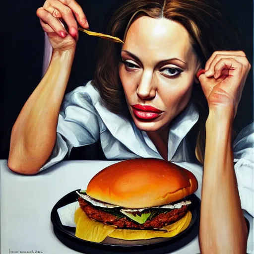 Prompt: high quality high detail painting by lucian freud, hd, angelina jolie eating giant hamburgers, photorealistic lighting