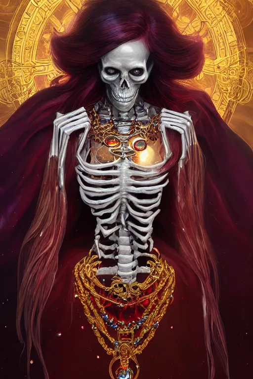 Image similar to woman lich skeleton made of iridescent aether and shiny gems covered with blood, long red hair, golden necklace, ultra realistic, concept art, intricate details, highly detailed, photorealistic, octane render, 8 k, unreal engine. dnd art by artgerm and greg rutkowski and alphonse mucha