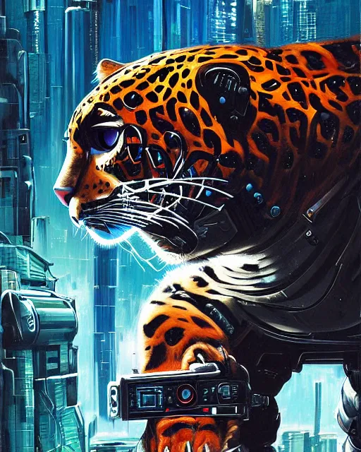 Prompt: a portrait of an anthropomorphic cyberpunk jaguar by sandra chevrier, by jon foster, detailed render, tape deck, epic composition, cybernetics, 4 k realistic, cryengine, realistic shaded lighting, sharp focus, masterpiece, by enki bilal