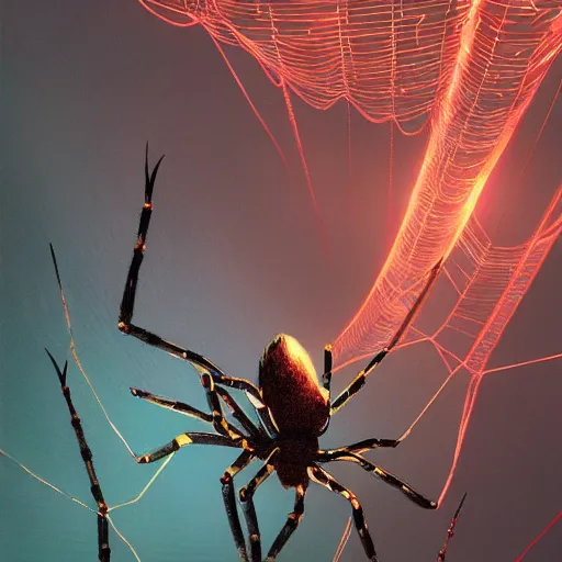 Prompt: spider on a neon web, 8 k octane beautifully detailed render, post - processing, extremely hyper - detailed, intricate, epic composition, cinematic lighting, masterpiece, trending on artstation, masterpiece, stunning art by anders zorn, wonderful masterpiece by greg rutkowski, beautiful cinematic,