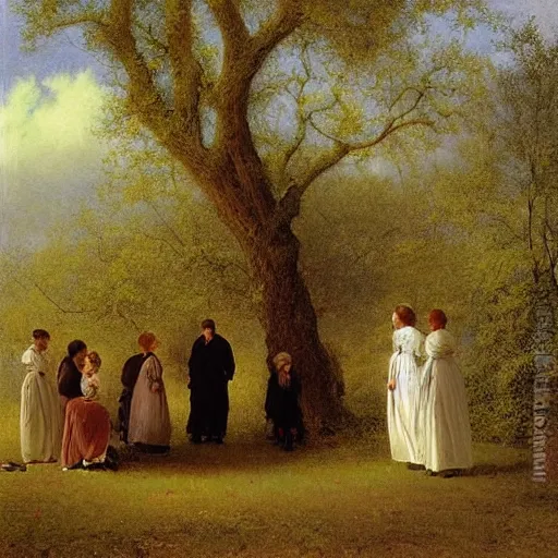 Image similar to Experimental art. a group of people gathered around a large tree in a forest. The tree is surrounded by a bright light, and the people appear to be looking up at it in wonder. pear, cream by Eastman Johnson forbidding, atmospheric