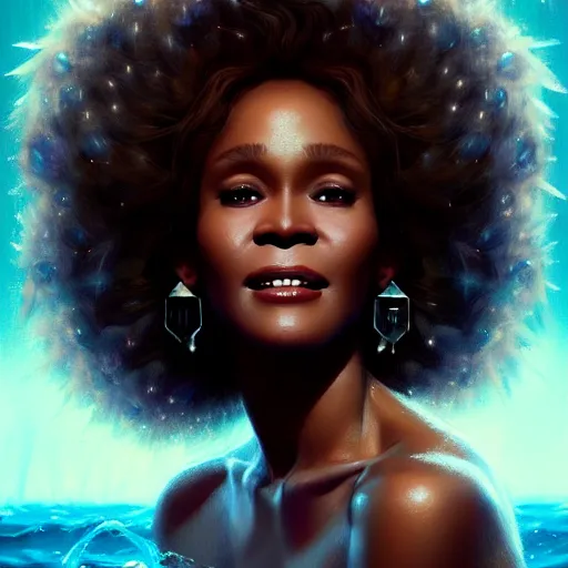 Image similar to a beautiful portrait of water goddess Whitney Houston with silk skin by Greg Rutkowski and Raymond Swanland Trending on Artstation, ultra realistic digital art