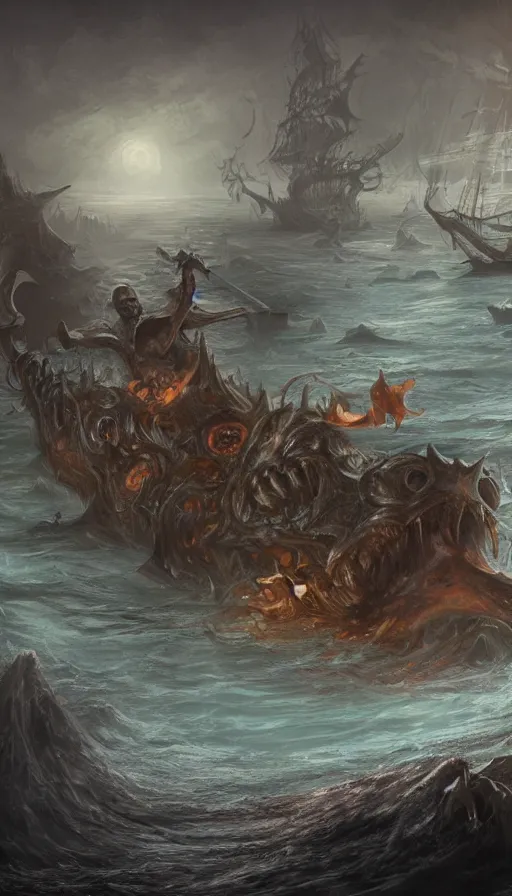 Image similar to man on boat crossing a body of water in hell with creatures in the water, sea of souls, by d & d concept artists